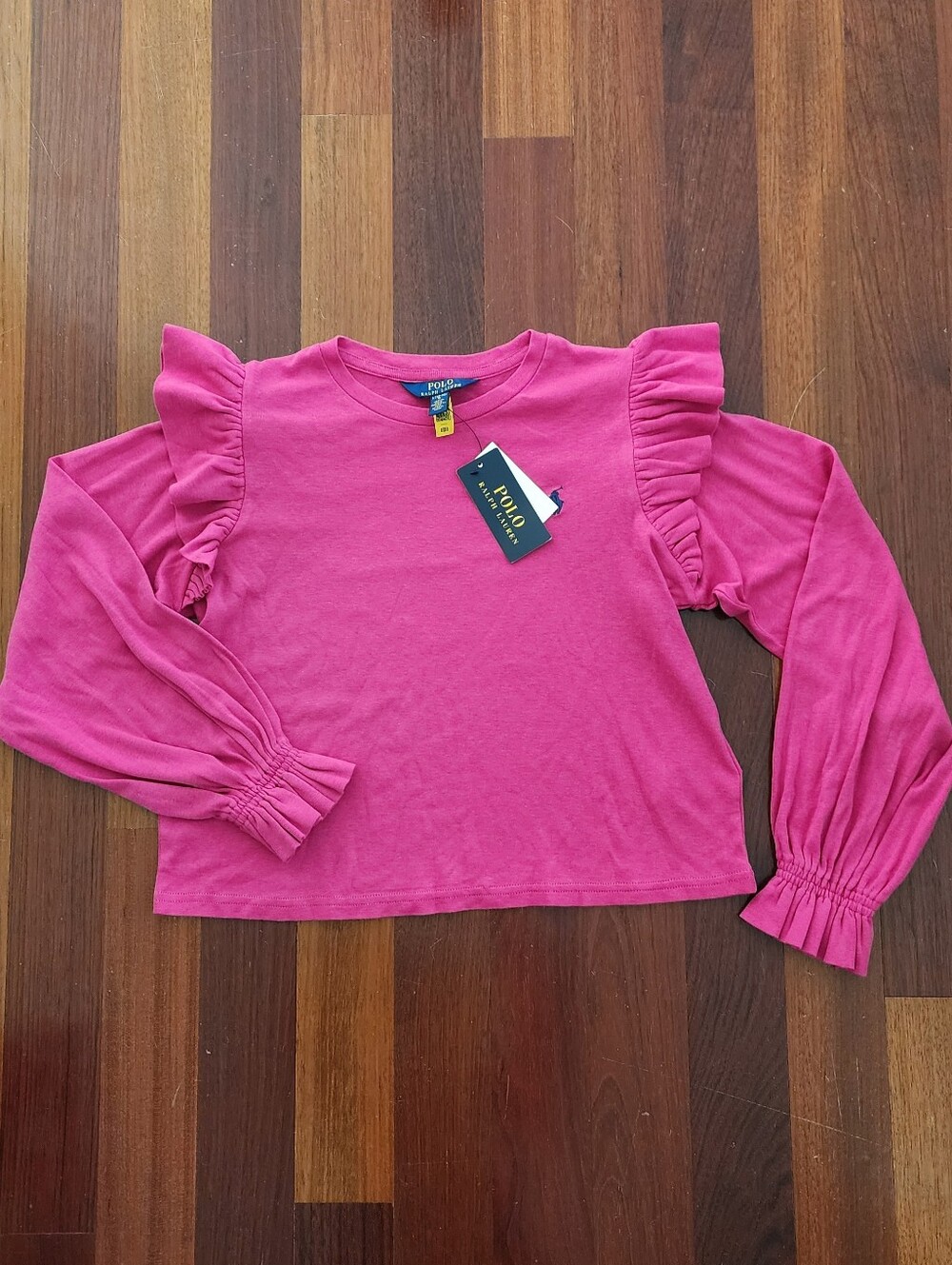 New Polo by Ralph Lauren Girls' Pink Ruffle Long-Sleeve Top | Size L